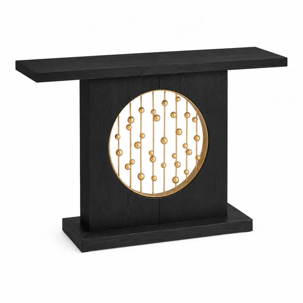 Consolle in legno nero con design in metallo dorato