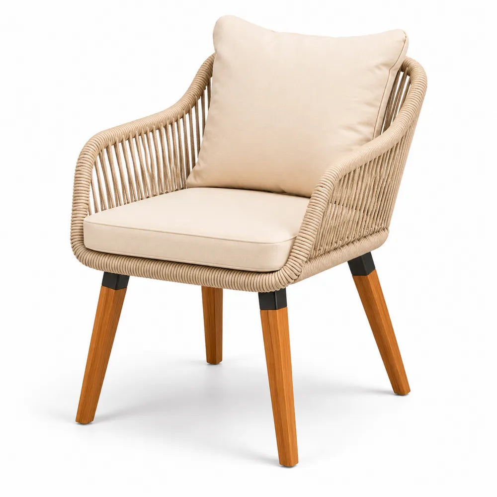 Sedia da esterno in corda con cuscini, gambe in legno, Beige
