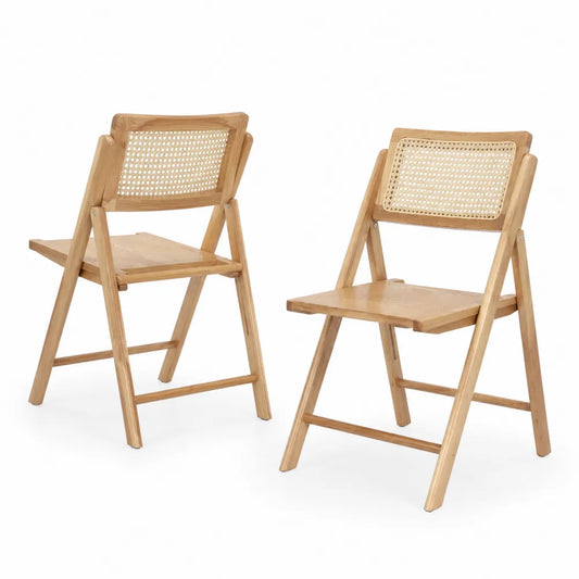 Set di 2 Sedie Pieghevoli in Legno di Frassino e Rattan