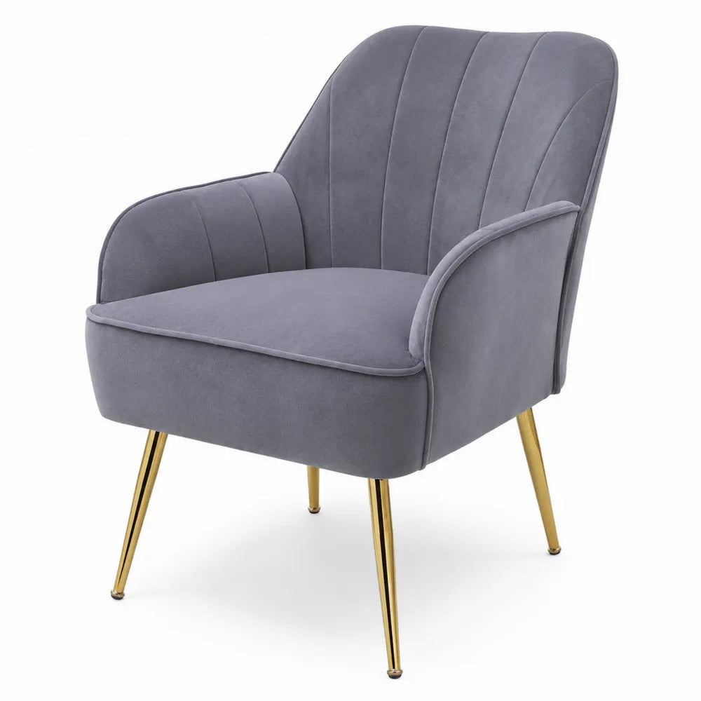 Poltrona in tessuto grigio con gambe in metallo dorato