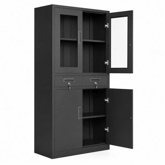 Armadio schedario in metallo nero con ante e cassetti 180x90x40 cm