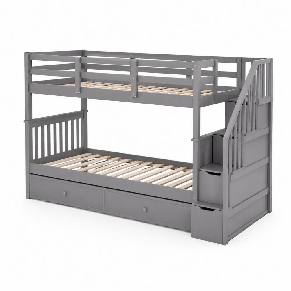 Letto a Castello in Legno Grigio con Scala e Cassetti