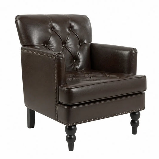 Poltrona in pelle sintetica marrone con gambe in legno