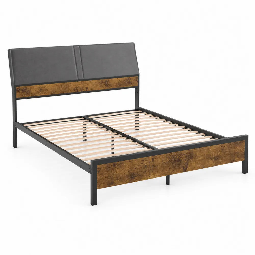 Letto Matrimoniale in Metallo con Testiera in Legno e Schienale in Ecopelle Nero 200x160 cm