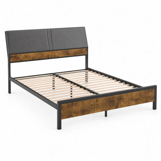 Letto Matrimoniale in Metallo con Testiera in Legno e Schienale in Ecopelle Nero 200x160 cm