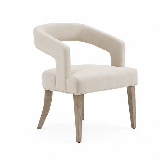 Sedia in legno e tessuto beige con schienale curvo