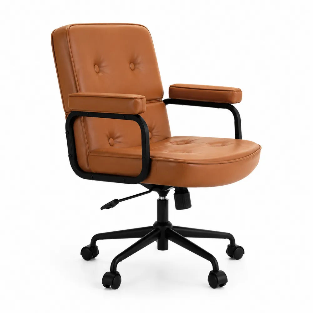 Sedia girevole in pelle sintetica marrone con struttura in acciaio